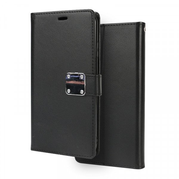 Wholesale iPhone Xr 6.1in Multi Pockets Folio Flip Leather Wallet Case with Strap (Black)